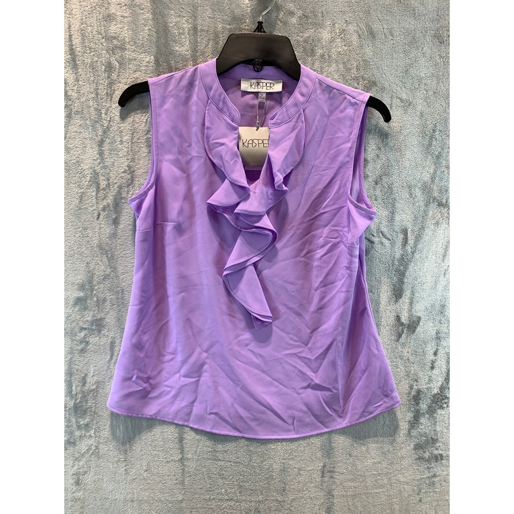 Kasper Women Lavender Mist Ruffle Front Sleeveless Blouse XS 10927485-G98 Purple